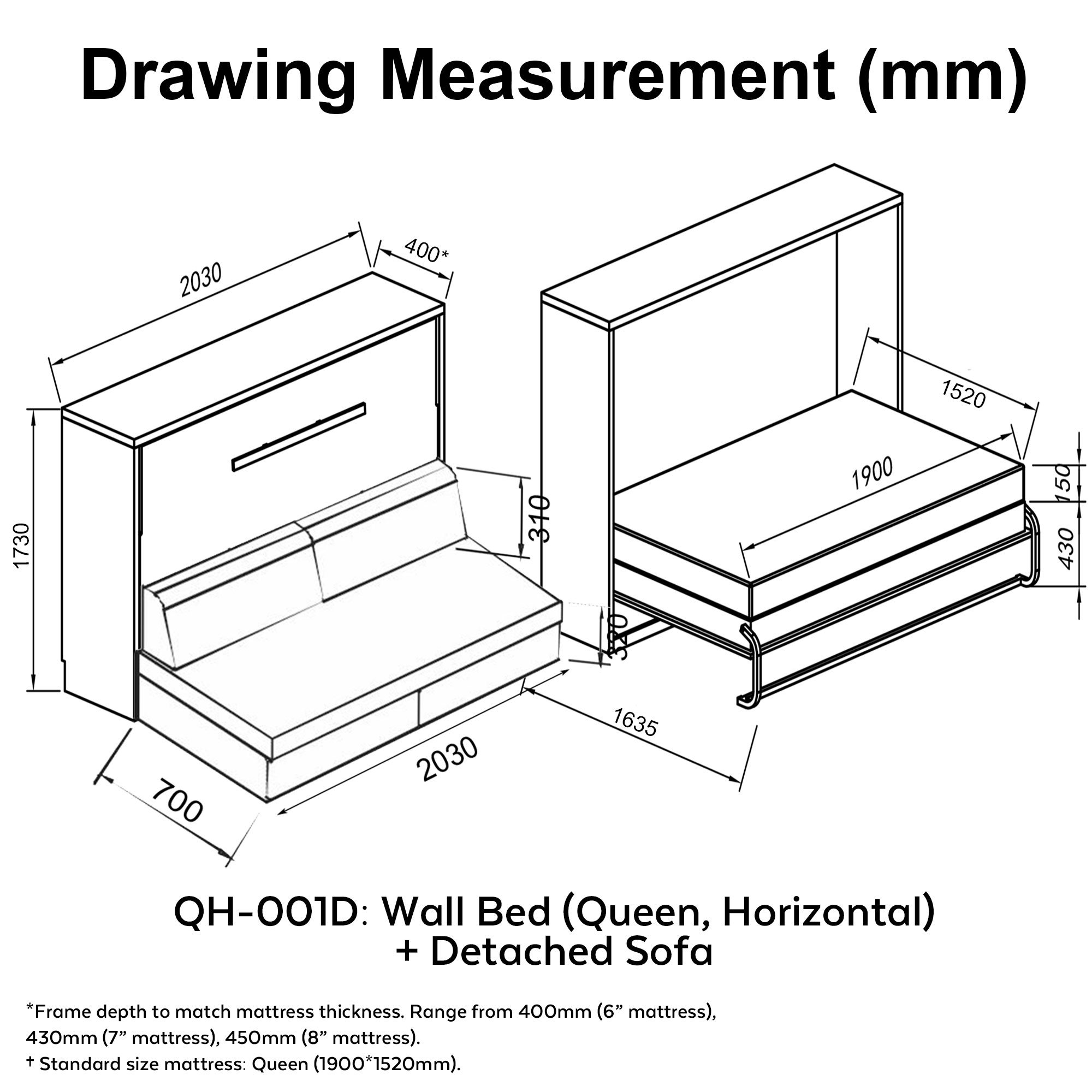 dimension measurement hidden wall bed space saving