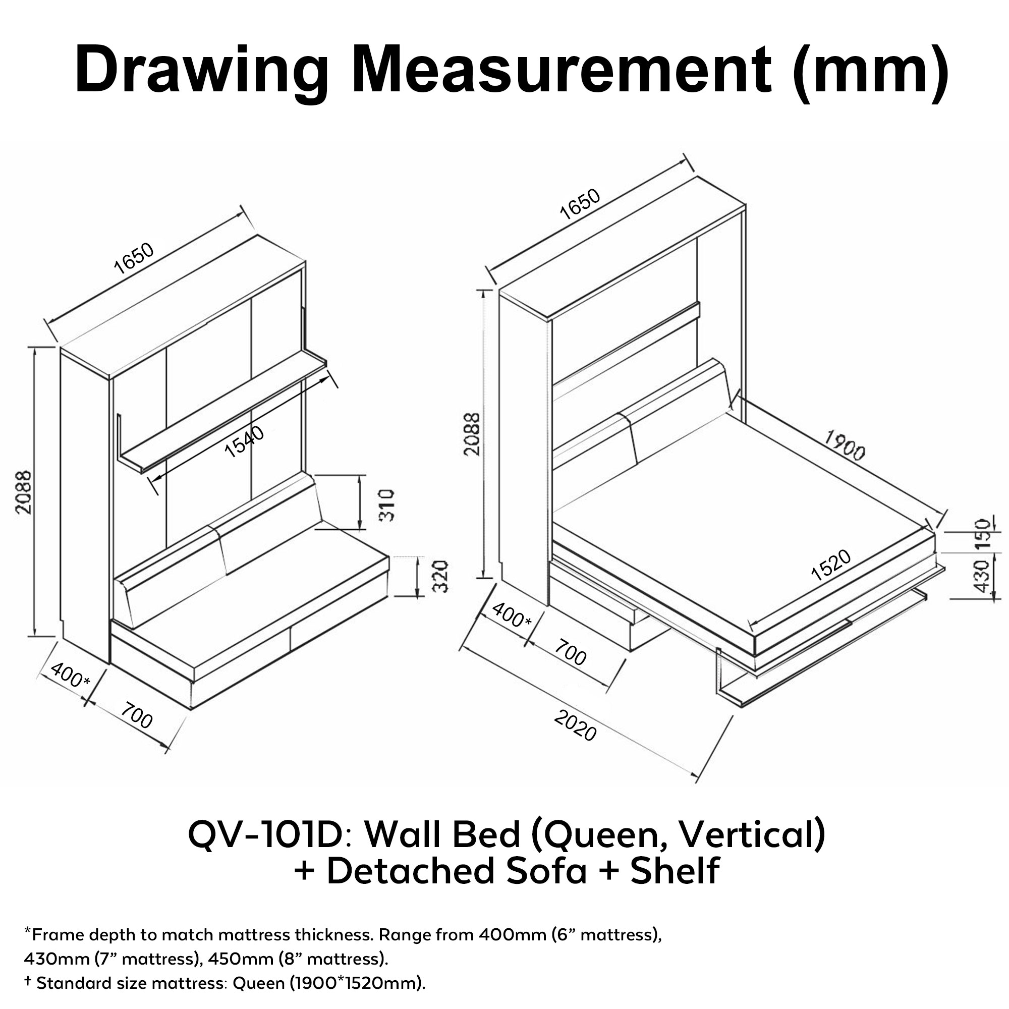 Murphy bed queen size vertical hidden wall bed