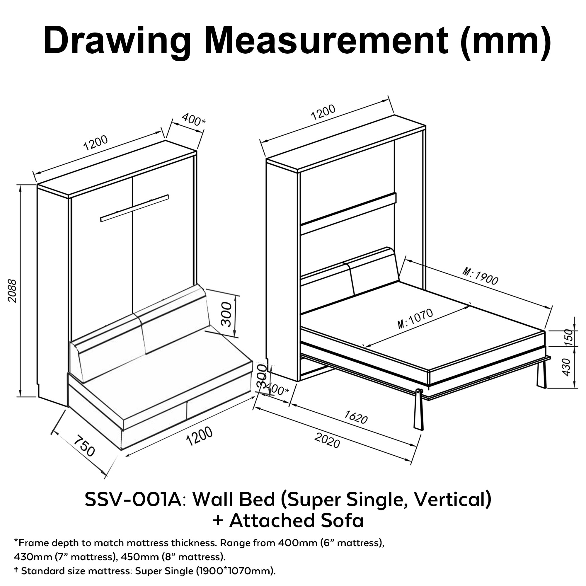 dimension measurement murphy wall hidden bed space saving