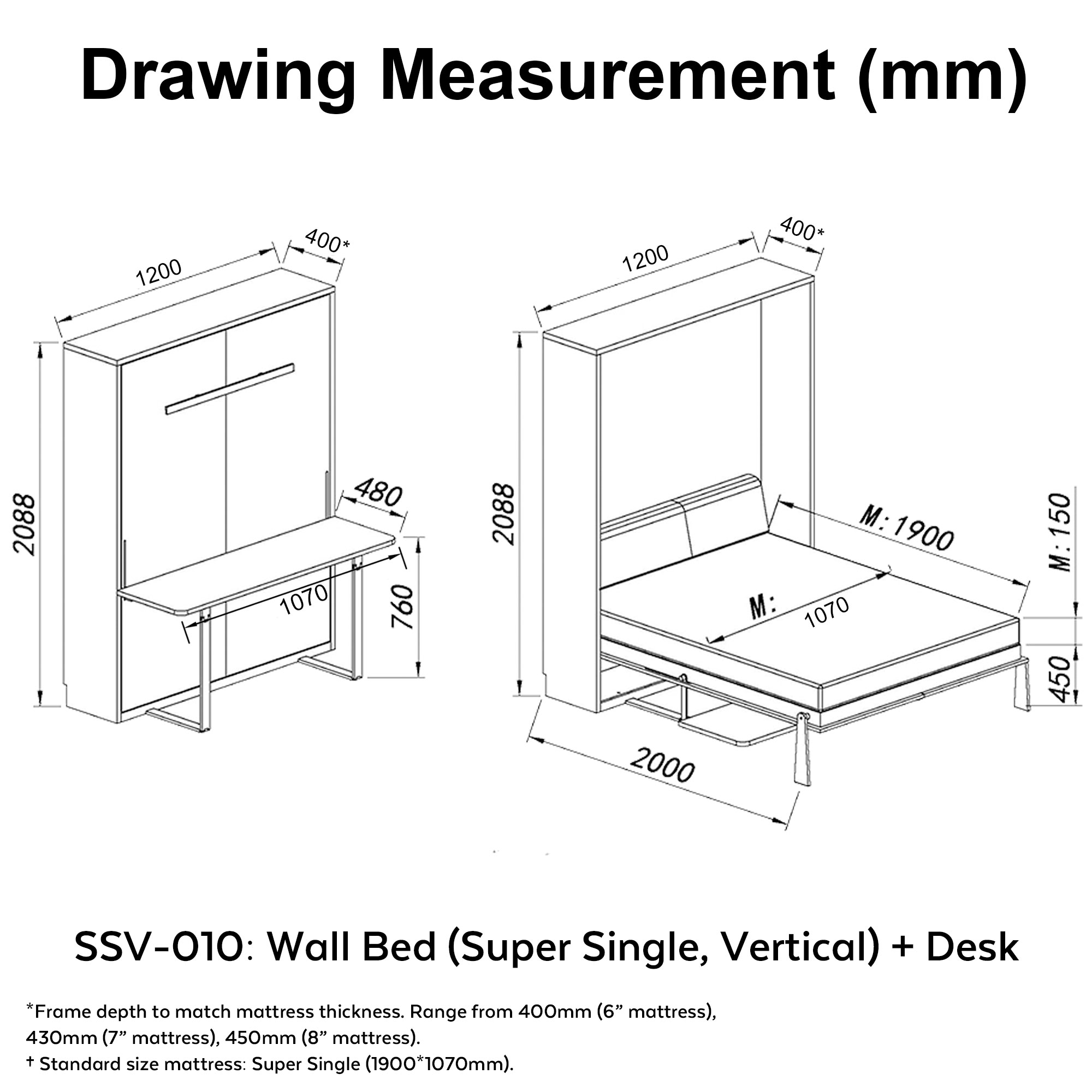 Desk Super Single Vertical Hidden Wall Bed Space Saving Foldable Murphy Bed Ssv 010