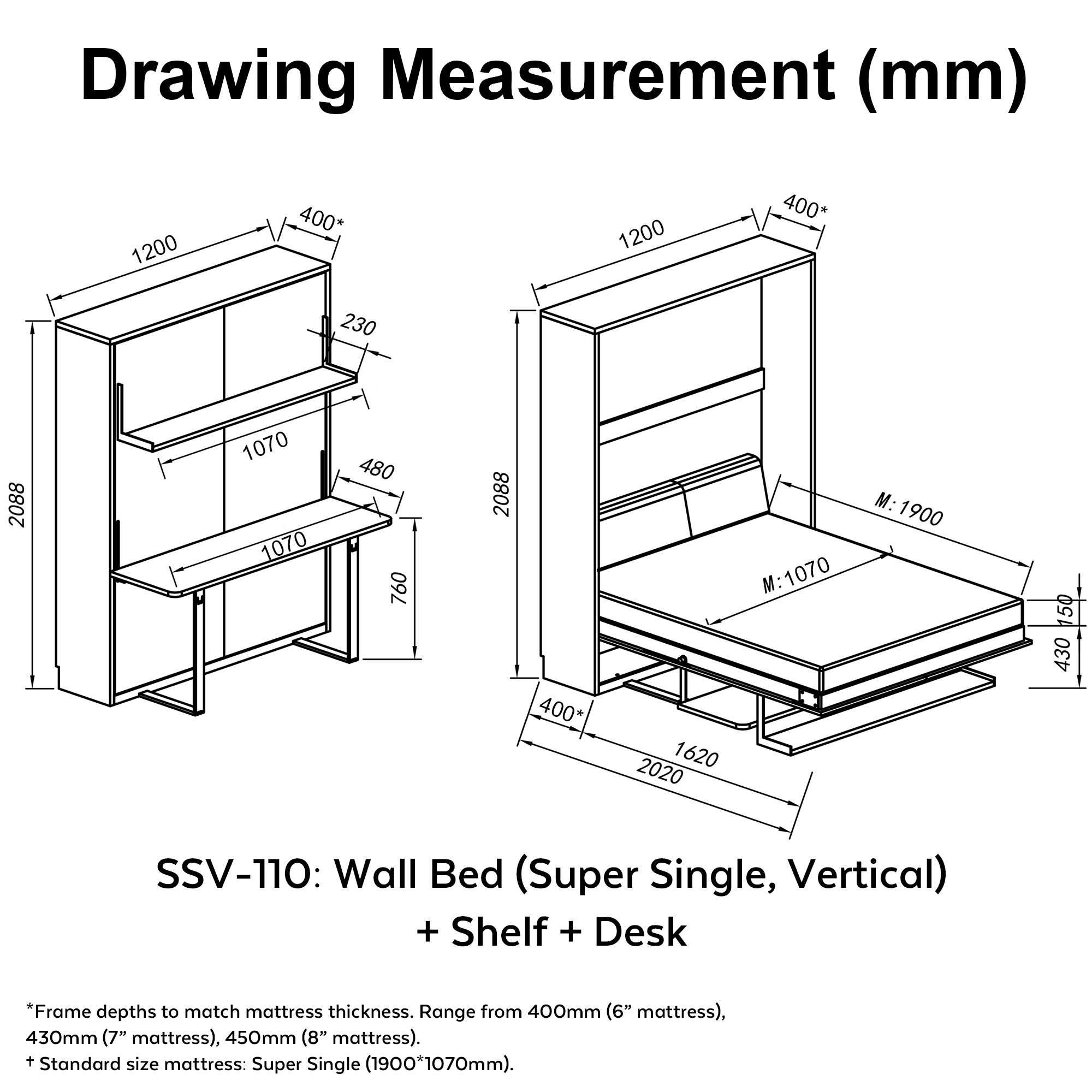 Murphy bed super single vertical hidden wall bed